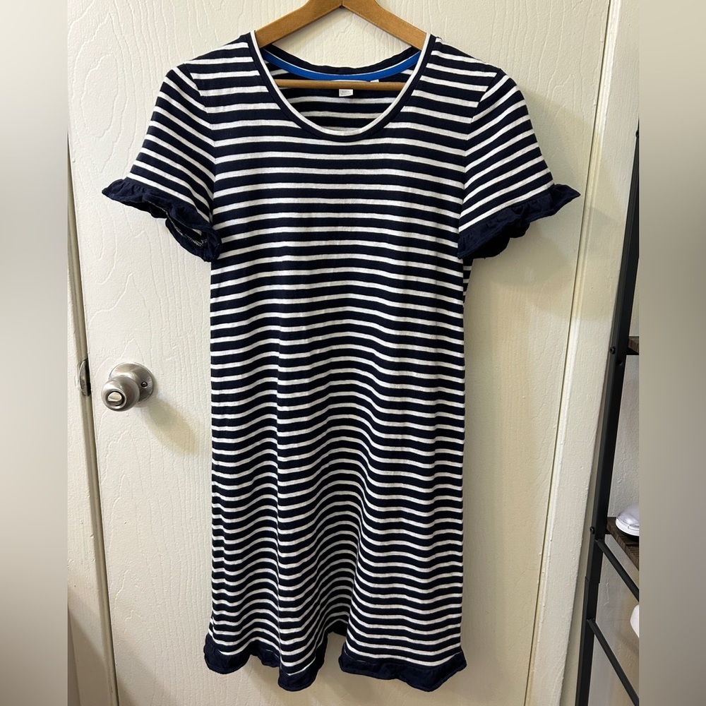 Boden Emily Jersey Ruffle Cotton Dress, Size 8R, Navy/White Stripes